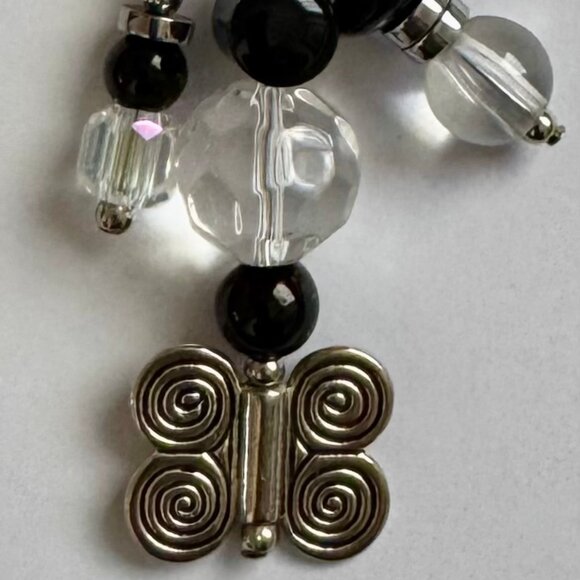 Necklace handmade 3 tier dangle silver butterfly black clear silver beads OOAK - Picture 2 of 10